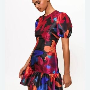Hutch Rayan Puff Sleeve Ruffle Mini Shift Dress Floral XS Cocktail Formal